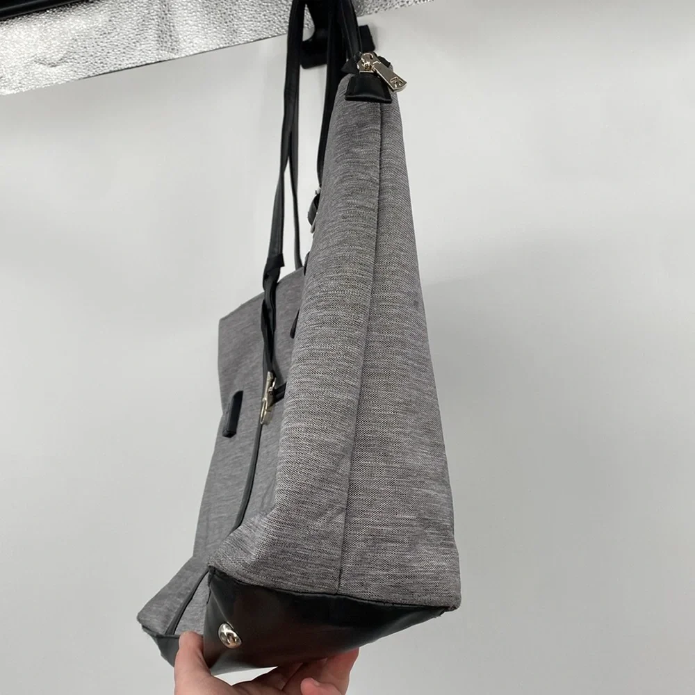 REIAVEL Gray Tote Bag Laptop Grey Canvas Black Leather USB Plug‎ Office Purse